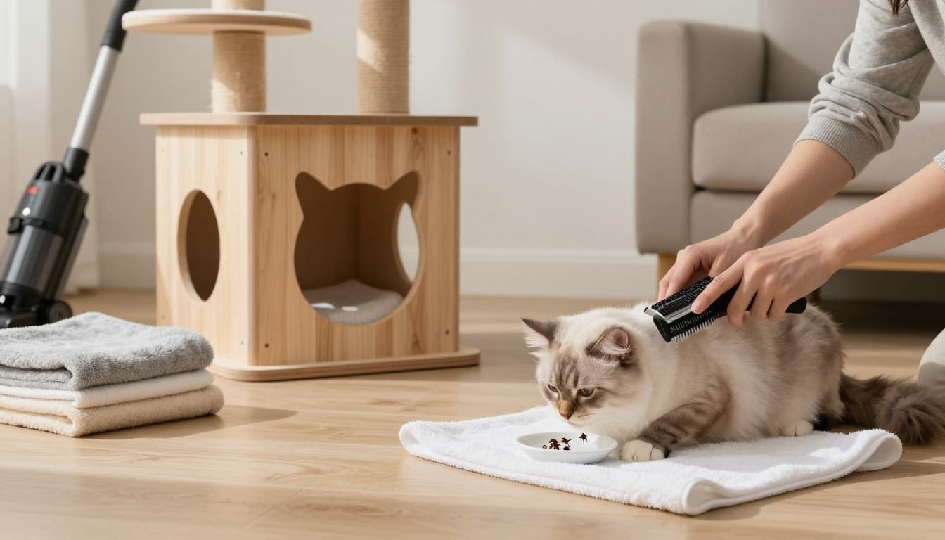 In a bright Scandinavian living room, a person gently combs fleas from a relaxed fluffy cat over a white towel on a wooden floor, next to a premium wooden cat tree. Folded blankets and a vacuum cleaner nearby highlight simple home flea treatment priorities.
