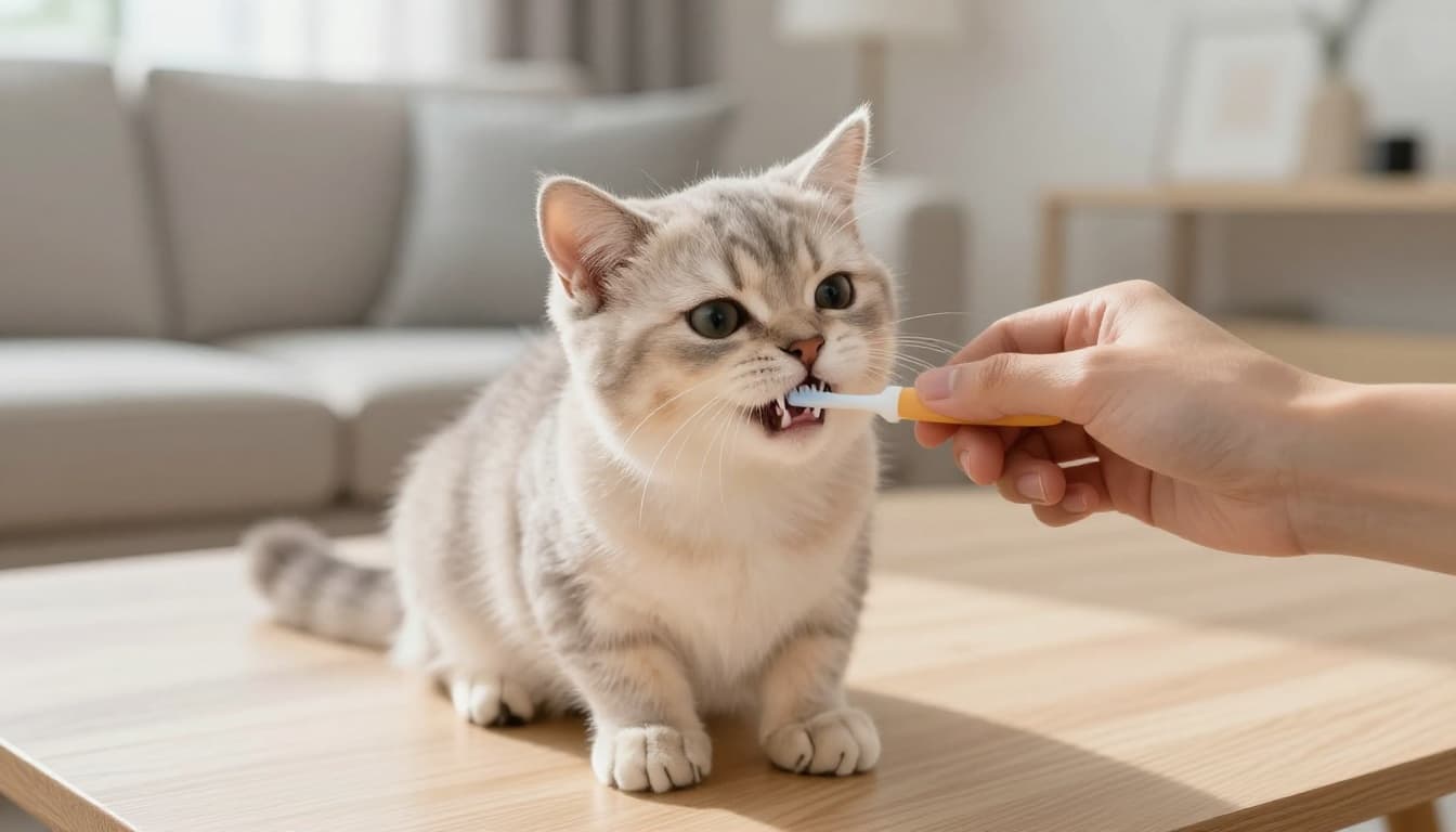 A human hand gently lifts the lip of an adorable short-haired kitten to brush its tiny white teeth with a soft finger brush and cat toothpaste in a bright Scandinavian living room.
