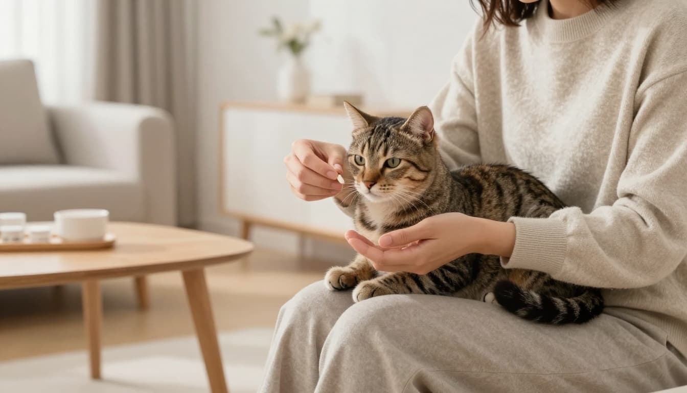 A person gently administers a small tablet to a calm tabby cat held in their lap, captured in premium lifestyle photography style within a Scandinavian interior. Bright natural light, minimalist decor, and neutral colors create a warm, cozy modern living room atmosphere.