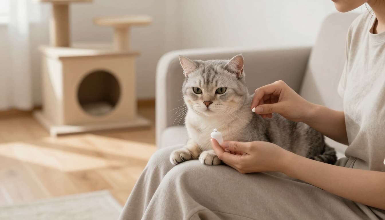 A gentle hand of an owner gives a small pill to a calm cat held securely on a lap in a cozy Scandinavian interior with soft natural light and minimalist decor.