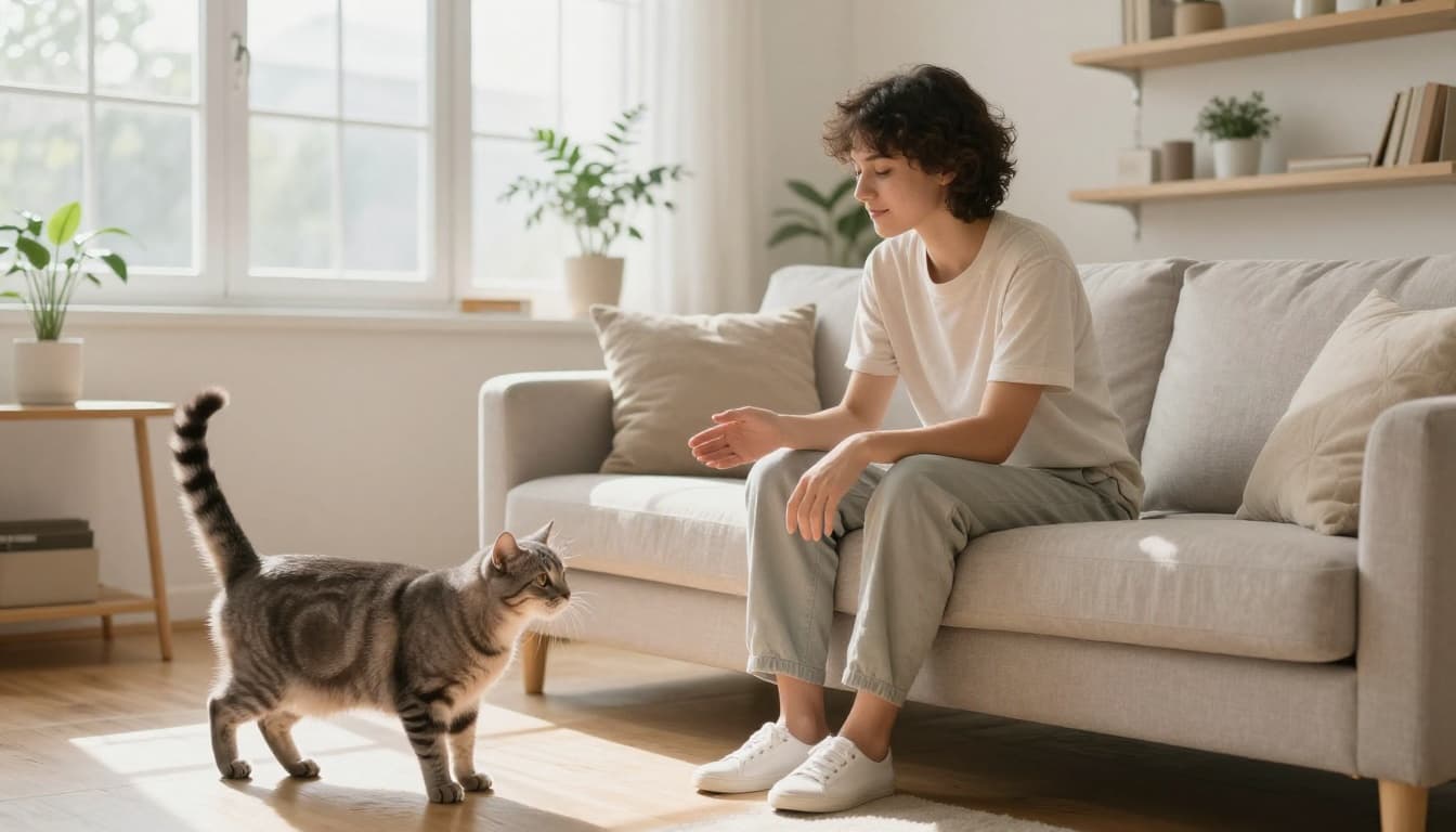 A calm person sits on a light beige sofa in a bright Scandinavian living room with soft morning light, gently responding to a friendly gray tabby cat meowing nearby.