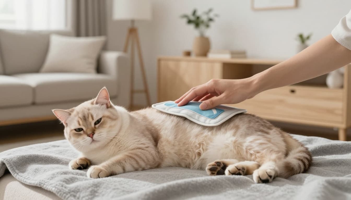 In a cozy modern Scandinavian living room bathed in bright natural light, a hand gently applies a warm compress to the belly of a relaxed light-colored domestic cat on a soft grey blanket. The cat appears calm with improved fur condition, captured in high-end realistic photography with elegant mood and soft depth of field.