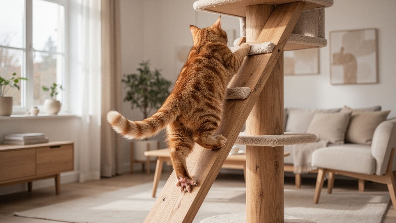A ginger cat climbs a sturdy wooden cat tree in an elegant Scandinavian interior bathed in bright daylight from a window, featuring minimalist furniture and a cozy atmosphere. Rear paws grip firmly with extended claws, front paws positioned higher, soft depth of field emphasizing the claws.