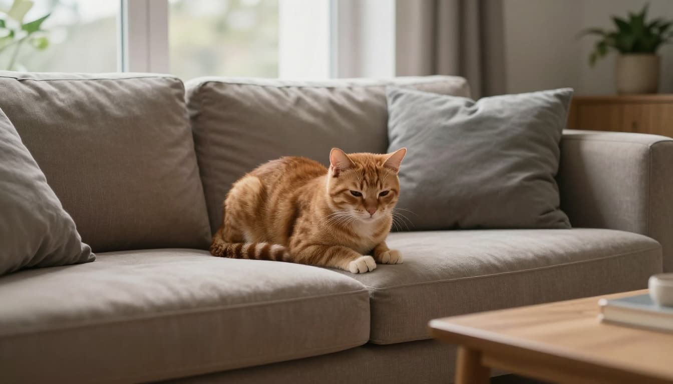 A ginger domestic cat is curled up on a person's lap on a beige leather sofa in a modern Scandinavian living room, bathed in soft natural light for a warm, cozy winter vibe. Minimalist decor with light wood, gray cushions, and subtle plants enhances the calm, elegant atmosphere.
