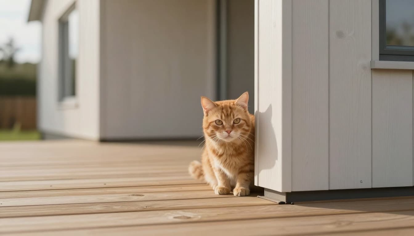 A ginger cat hides cautiously under a wooden terrace in a minimalist modern garden, peering out with fear toward a light Scandinavian house in soft morning light.