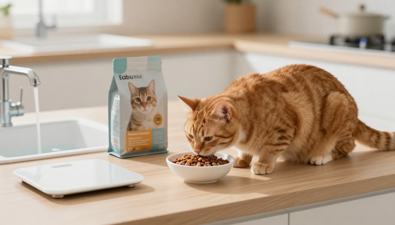A healthy ginger cat eats from a measured portion bowl beside a fresh water fountain on a light wood surface in a bright Scandinavian kitchen with minimalist decor and natural light.