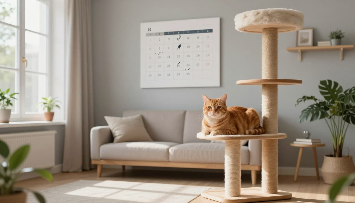 In a bright Scandinavian living room, a relaxed ginger cat lounges on a sturdy light wooden Meowood-style cat tree, with a wall calendar marking 3-month flea treatment dates J0, J28, J56, J84.