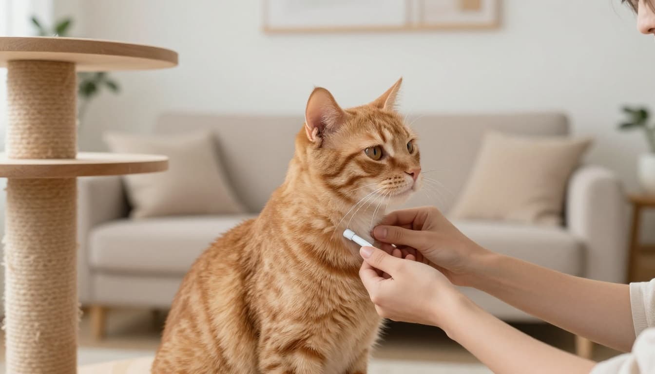 In a bright Scandinavian living room, a person parts the fur at the base of a calm ginger cat's neck on a wooden cat tree to apply a pipette directly to the skin.
