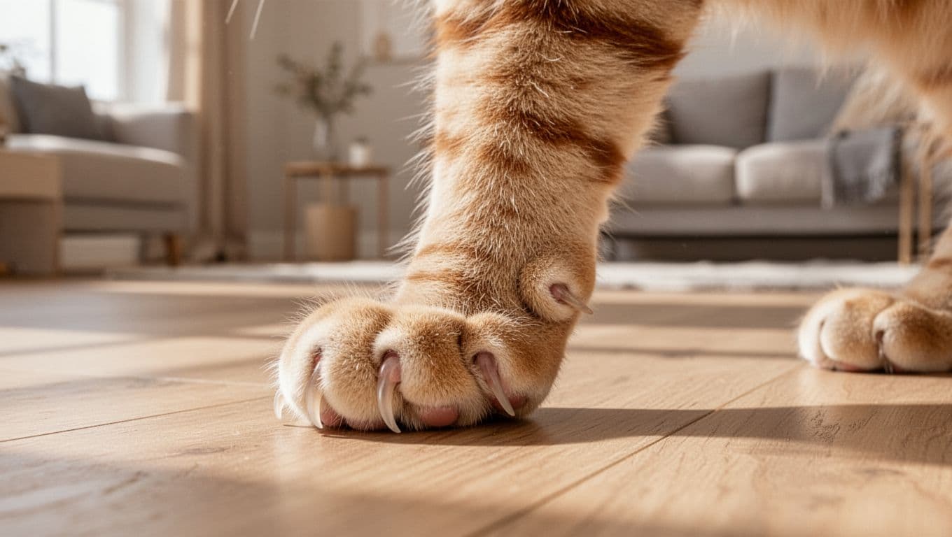 Premium lifestyle close-up of a single ginger cat's front paw on light wooden floor in bright Scandinavian living room, showing four extended claws and one dewclaw on pink pads.