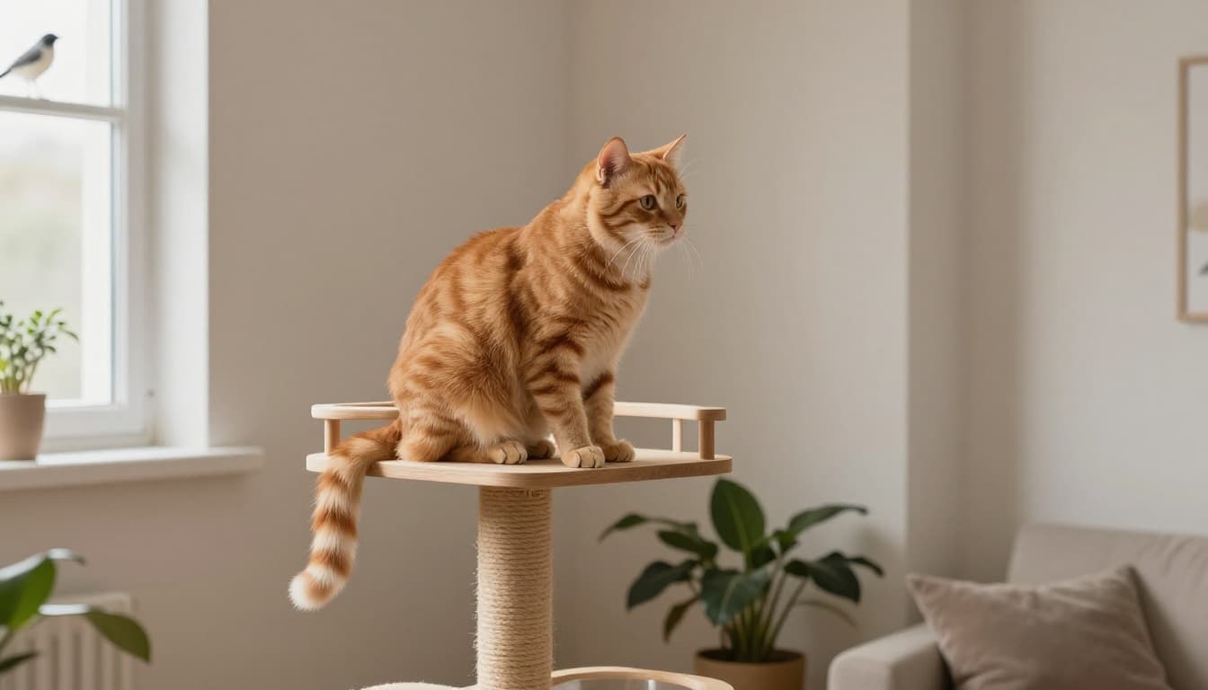 A ginger domestic cat perches calmly but alert on a high shelf of a stylish wooden cat tree in a bright modern Scandinavian living room, tail flicking as it watches birds outside the window.