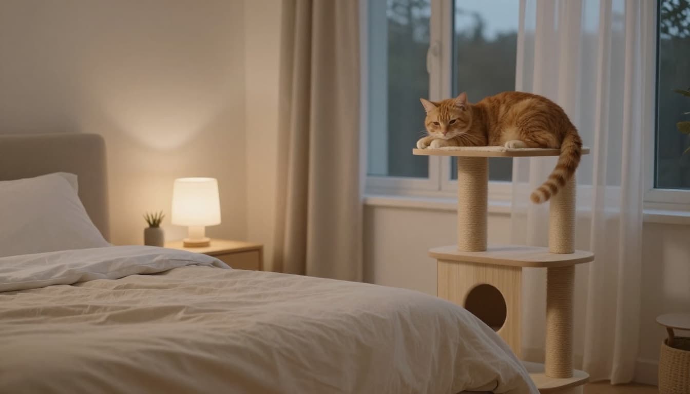 In a cozy Scandinavian bedroom at evening with soft warm lamp light and neutral tones, a ginger cat rests peacefully on a light wood cat tree near the bed amid minimalist decor.