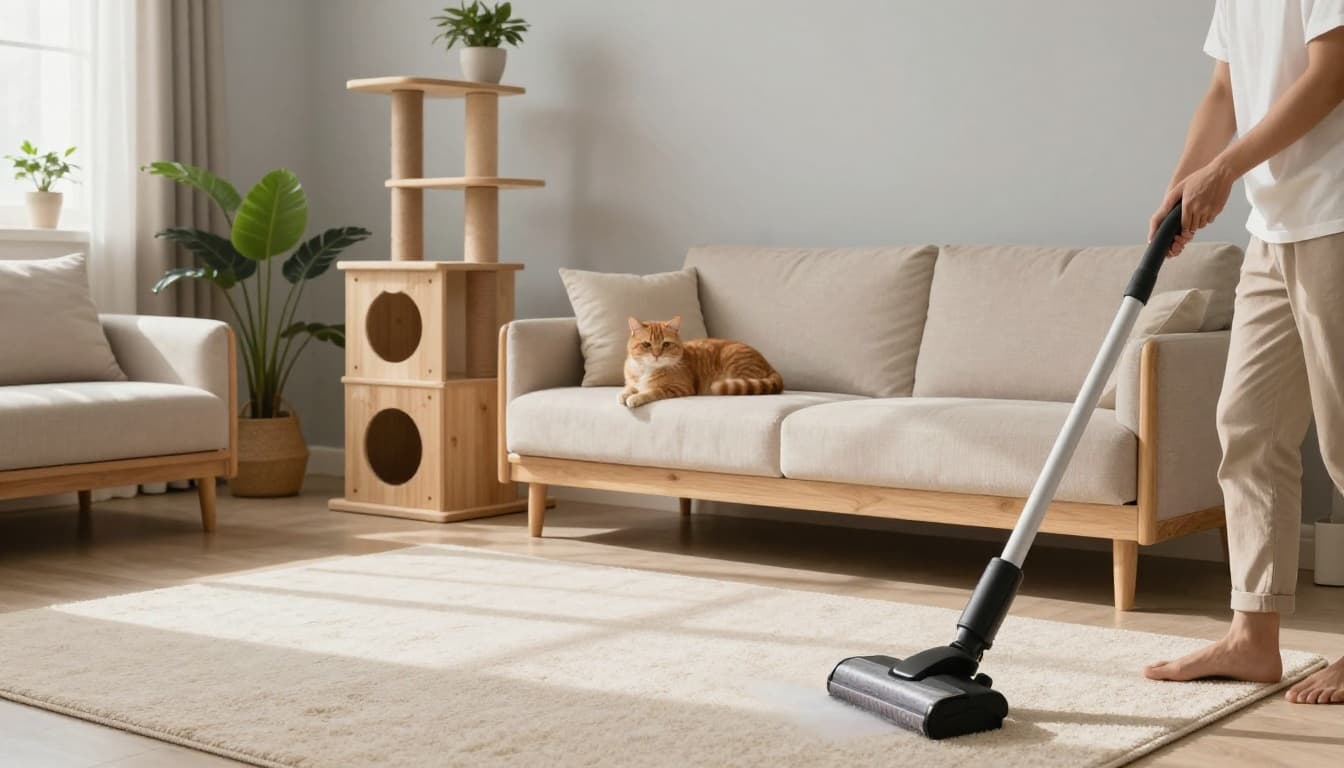 In a bright modern Scandinavian living room with minimalist decor and natural sunlight, a calm ginger cat lounges on a wooden cat tree while a person vacuums the plush beige carpet near the sofa for flea prevention.