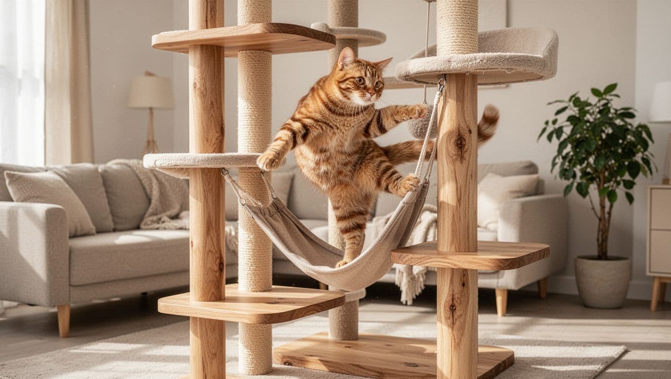 Premium lifestyle photo of an adult ginger tabby cat actively climbing and playing on a solid wooden cat tree with platforms and hammock in a bright, minimalist Scandinavian living room. Neutral tones, cozy atmosphere, sharp focus on cat and wood details, blurred background with beige sofa and potted plant.