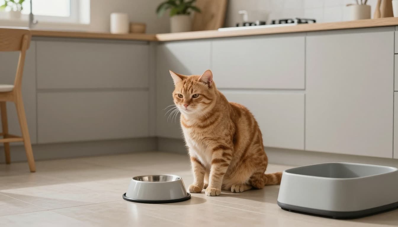 In a cozy minimalist Scandinavian kitchen bathed in natural light, a male ginger tabby cat sits tensely near a water bowl on a beige tiled floor, its abdomen visibly distended, looking lethargic and pained amid neutral decor.