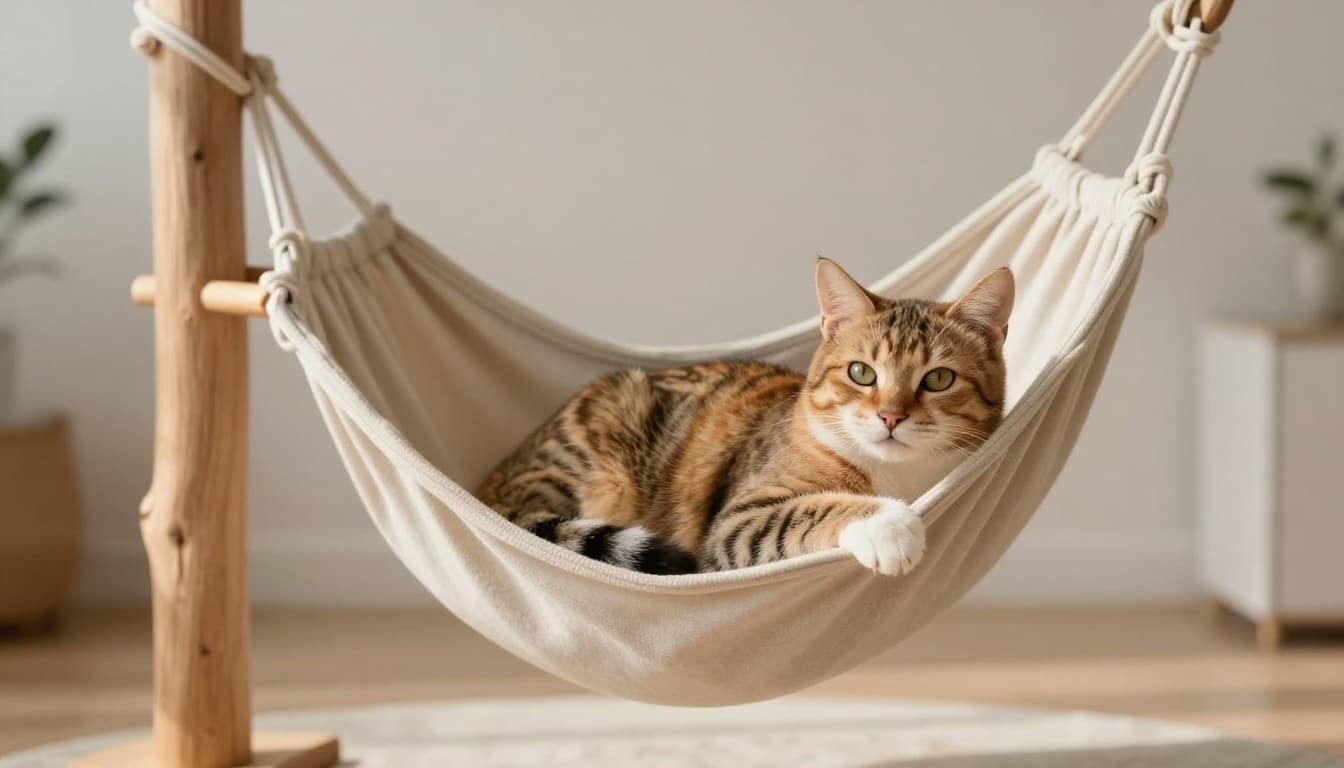 A peaceful ginger tabby cat rests comfortably on a hammock in a premium natural wood cat tree, in a bright modern Scandinavian interior with soft natural light and cozy neutral tones.