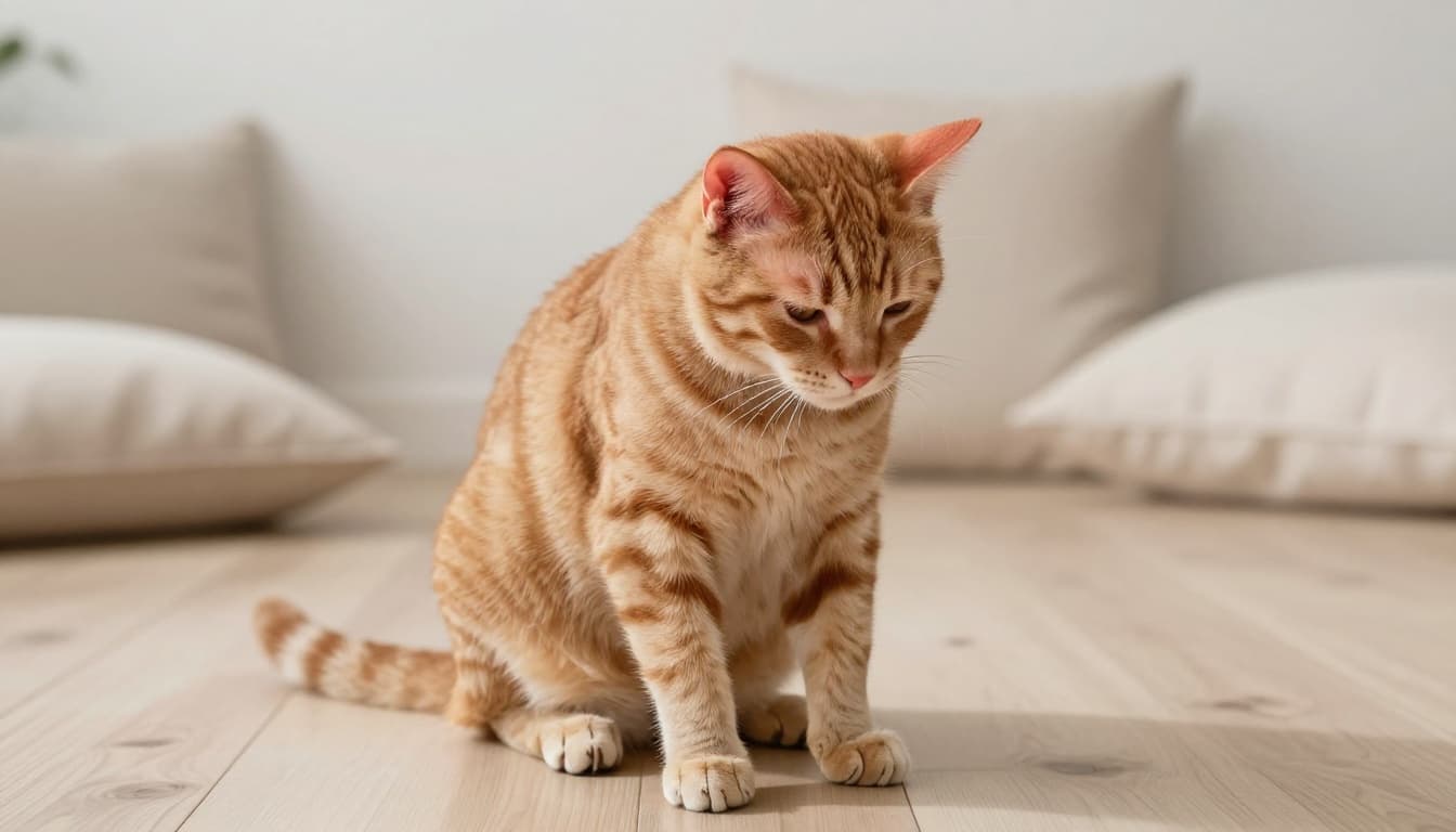 A ginger tabby cat scratches its slightly red ear with a hind paw while sitting on a light wood floor in a modern Scandinavian interior, displaying itchiness with fur patches missing on the neck amid bright natural light and minimalist beige cushions.