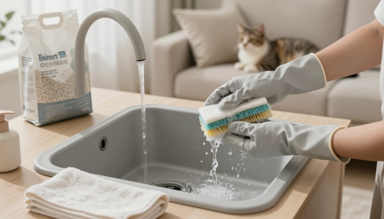 Close-up of gloved hands scrubbing an empty cat litter box with hot soapy water in a sink, then rinsing under running water, in a bright minimalist Scandinavian living room. A dry towel, fresh litter bag nearby, and peaceful cat on beige couch emphasize hygiene and coziness.