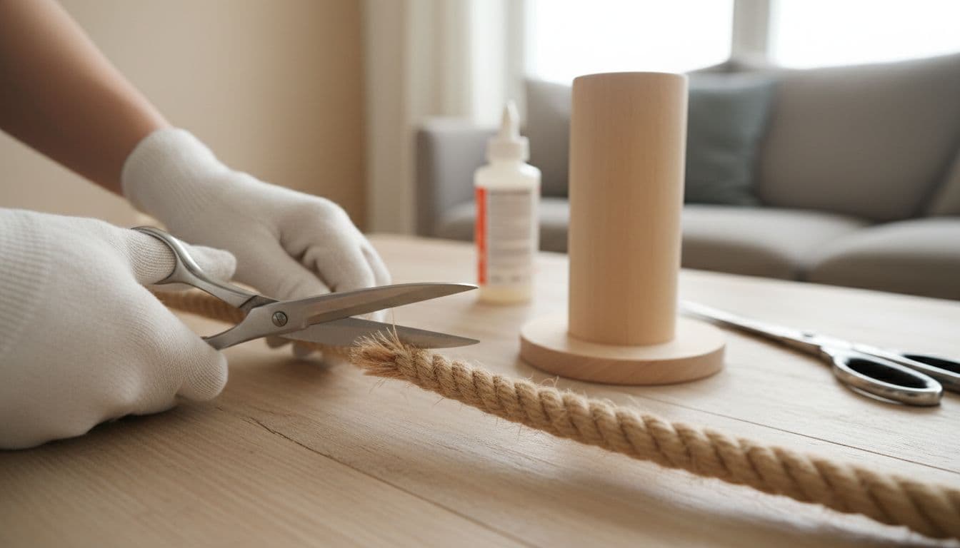 Close-up of gloved hands cutting natural beige sisal rope at a bevel angle on a wooden surface next to a cat scratching post base in a bright Scandinavian interior. Detailed textures, realistic photo with soft depth of field and natural light.