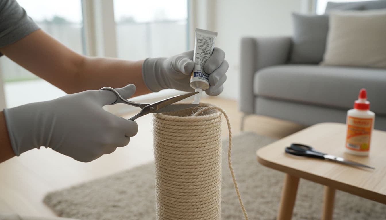 Close-up in a bright Scandinavian living room: gloved hands apply glue, cut sisal rope, and smooth fibers for a perfect finish on a beige sisal-wrapped cat scratching post, with tools in soft focus.