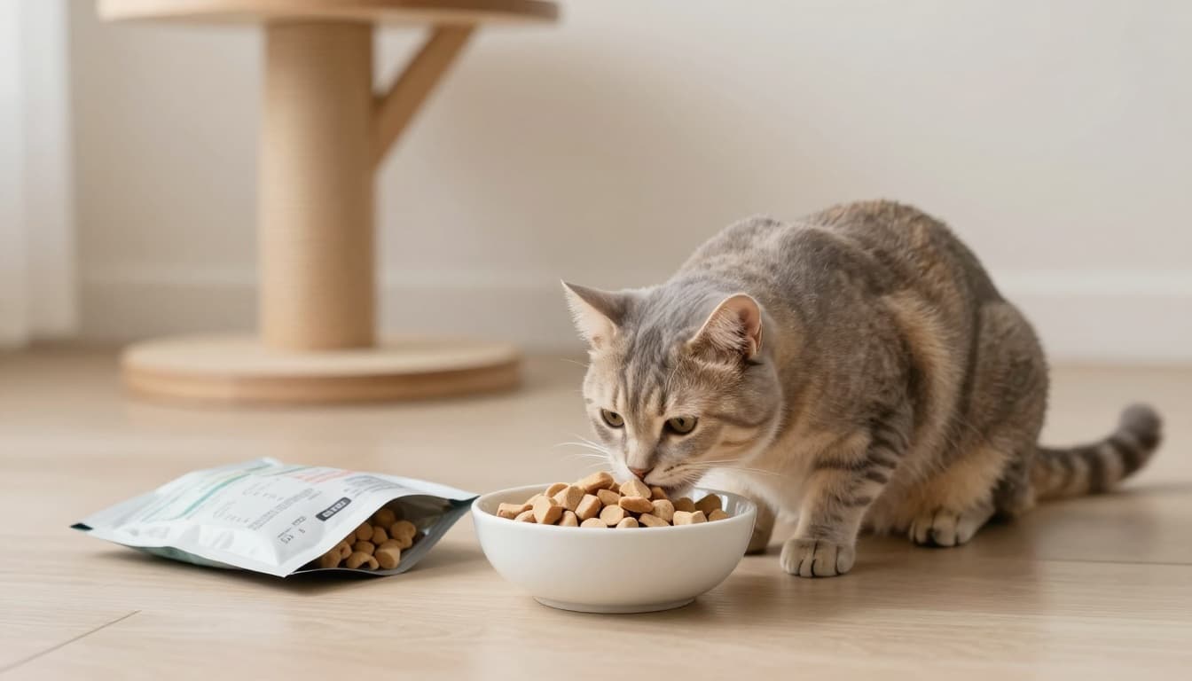 In a modern Scandinavian living room with natural light, minimalist light wood and neutral tones, an elegant adult gray cat calmly eats 50g of dry kibble from a white ceramic bowl beside an open bag. Background features a integrated wooden cat tree with soft shadows and shallow depth of field.