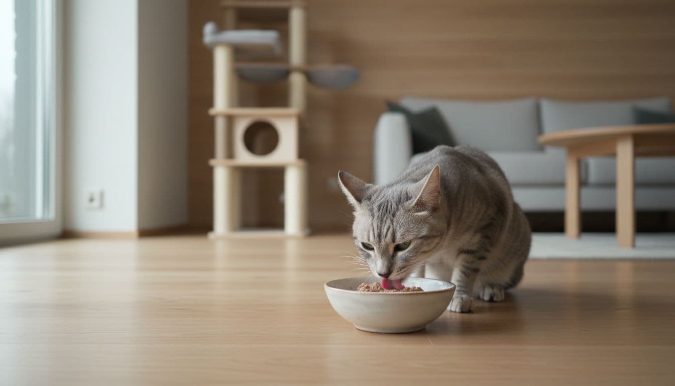 A slender adult gray cat eagerly licks warmed wet pate from a ceramic bowl on the floor of a bright minimalist Scandinavian living room with a nearby cat tree.