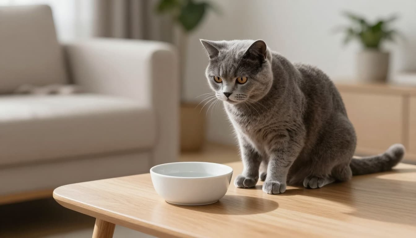 A sleek gray cat sits beside an almost empty water bowl on a minimalist light wood side table in a cozy modern Scandinavian living room with soft natural light and neutral decor.
