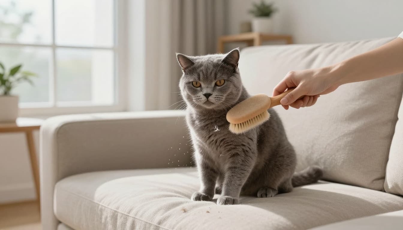 A calm short-haired gray cat sits on a light beige sofa in a modern Scandinavian living room, gently brushed with a soft rubber brush removing dandruff and loose fur.