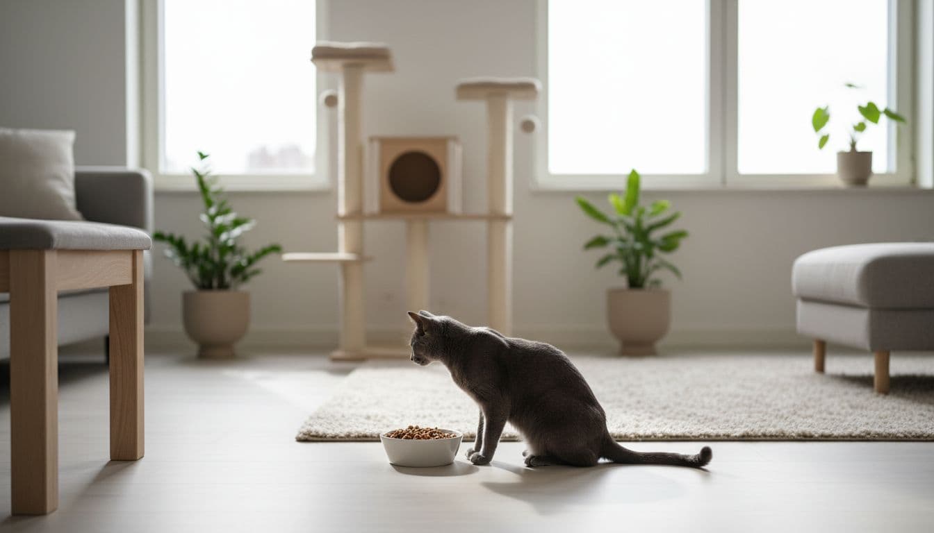 A sleek adult gray cat turns its head indifferently away from a bowl of kibble and pate on the floor of a bright minimalist Scandinavian living room with natural light and cozy decor. Premium lifestyle photo featuring a wooden cat tree in the background, soft shadows, and calm mood.