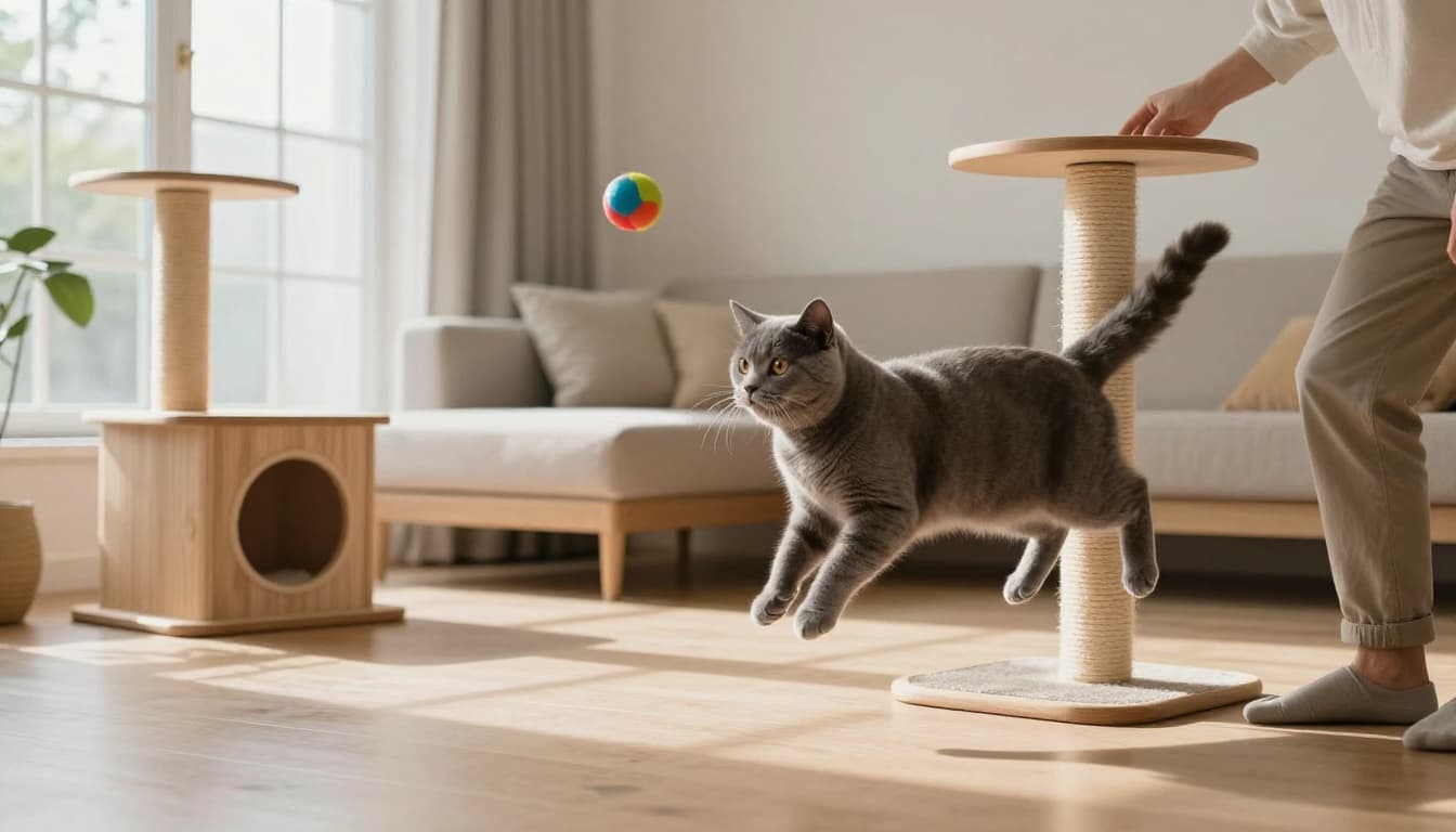 In a cozy modern Scandinavian living room with light wood furniture and minimalist decor, an energetic gray shorthair cat leaps joyfully mid-air after a colorful toy ball tossed by a person.