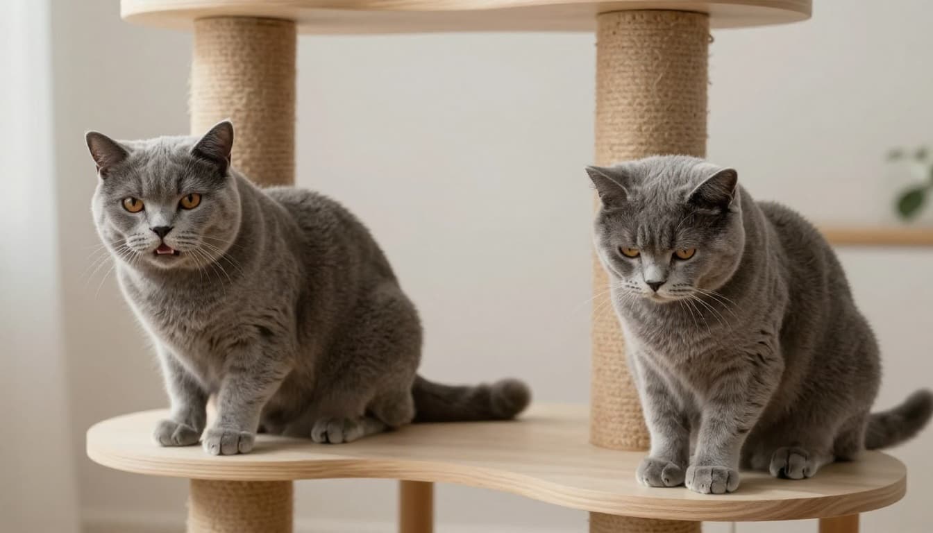 Elegant gray cat on a light wood premium cat tree in a bright modern Scandinavian interior with natural light, displaying relaxed purring posture (straight ears, squinted eyes, flexible tail) alongside stressed pose (flattened ears, arched back, fixed stare). Cozy serene ambiance with minimalist beige-gray decor, realistic high-res photo.