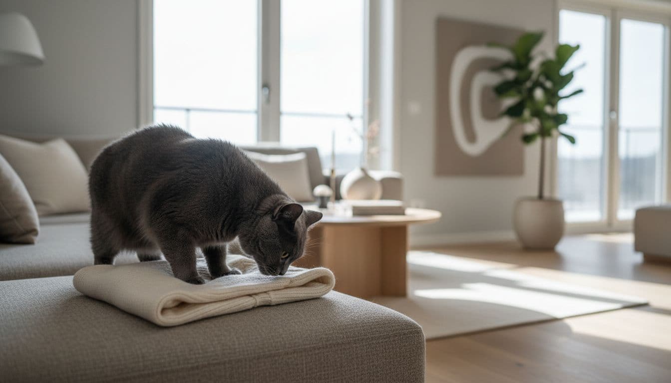 An elegant gray cat attentively sniffs a folded sweater on a neutral sofa in a modern Scandinavian living room with bright natural light and minimalist decor in light wood, beige, and soft grays.