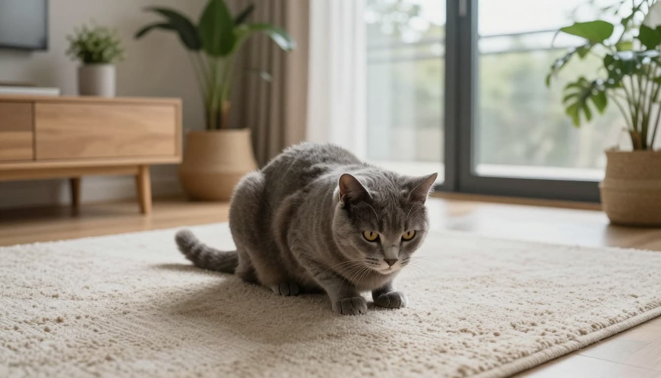 A gray domestic cat squats low on a textured beige rug in a modern Scandinavian living room, creating a large puddle while urinating amid cozy minimalist decor and natural light.