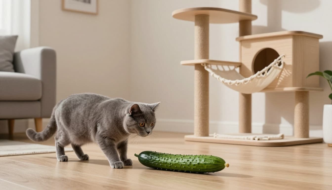 A sleek gray shorthair cat cautiously eyes a long green cucumber on the light wooden floor of a modern Scandinavian living room, the cucumber's shape subtly resembling a coiled snake. The cat stands on a stylish wooden cat tree surrounded by minimalist decor and soft lighting.