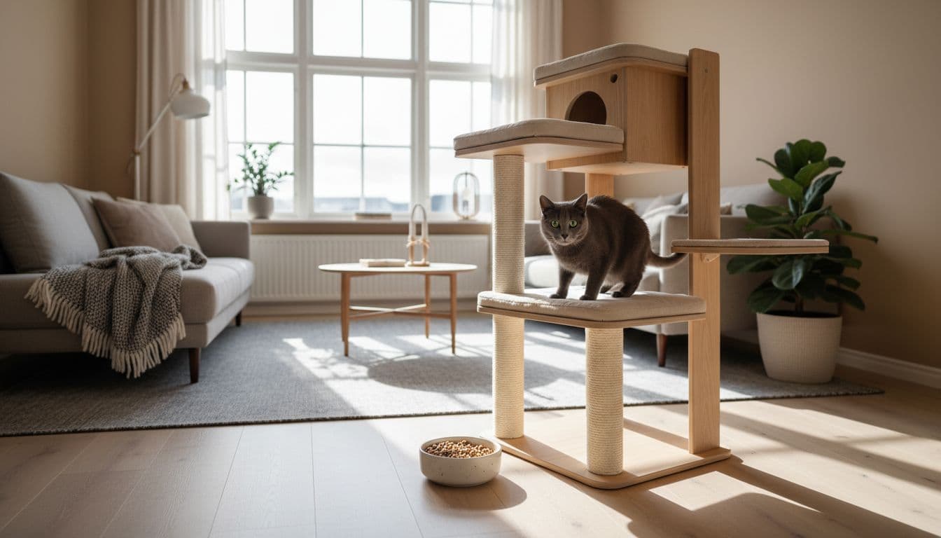 A sleek gray shorthair cat cautiously peeks from a high perch on a premium light wooden cat tree in a bright Scandinavian living room with minimalist decor. The scene captures a calm adaptation mood with abundant natural light and neutral colors.