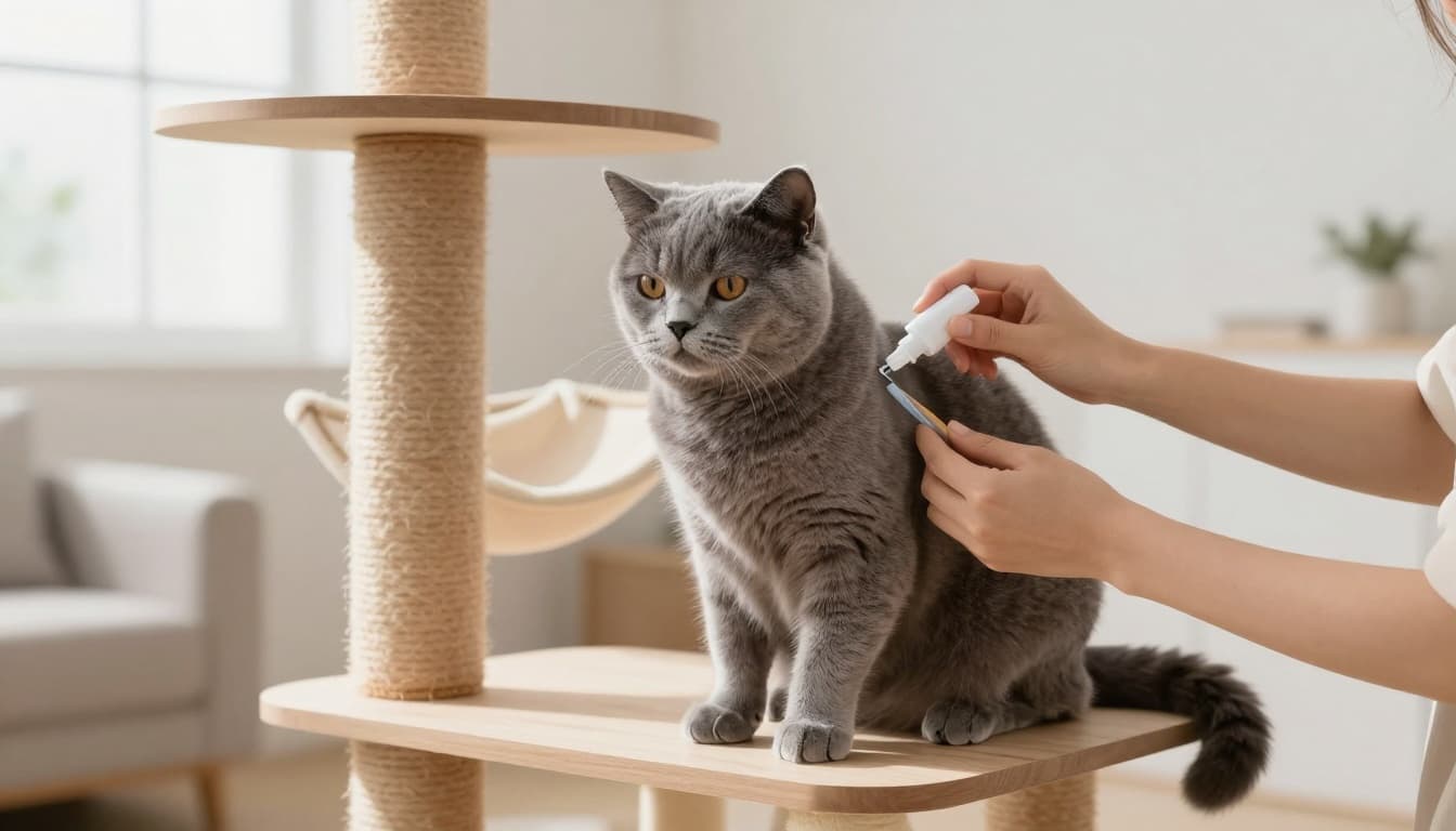 A calm gray shorthair cat sits patiently on a premium cat tree in a bright Scandinavian minimalist living room while the owner precisely applies flea pipette treatment to its neck.