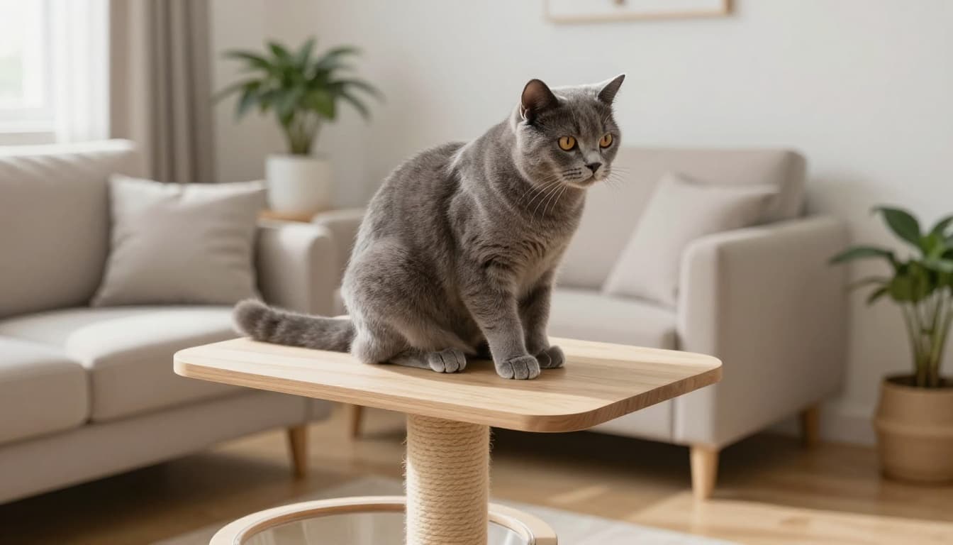 A sleek gray shorthair cat sits calmly on a high wide platform of a solid wooden cat tree in a bright Scandinavian living room with natural light and minimalist decor.