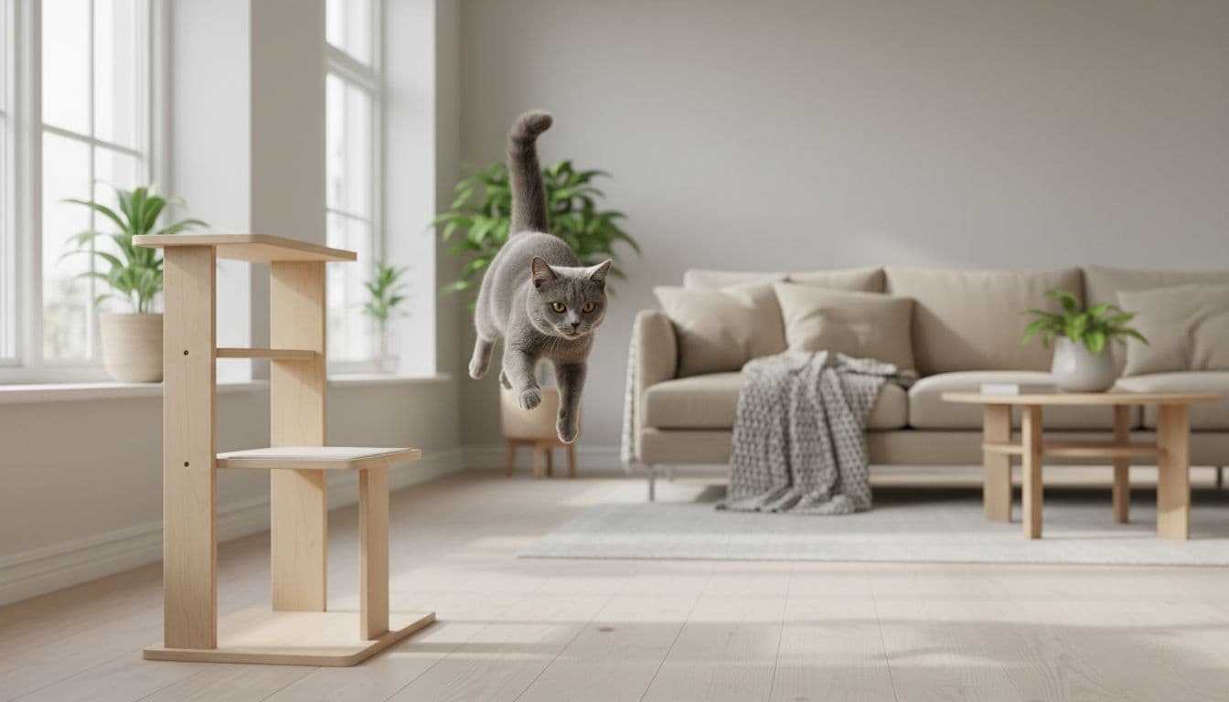 A soft gray shorthair cat jumps down from a minimalist wooden cat tree in a bright Scandinavian living room filled with natural light, capturing a warm cozy atmosphere and serene mood.