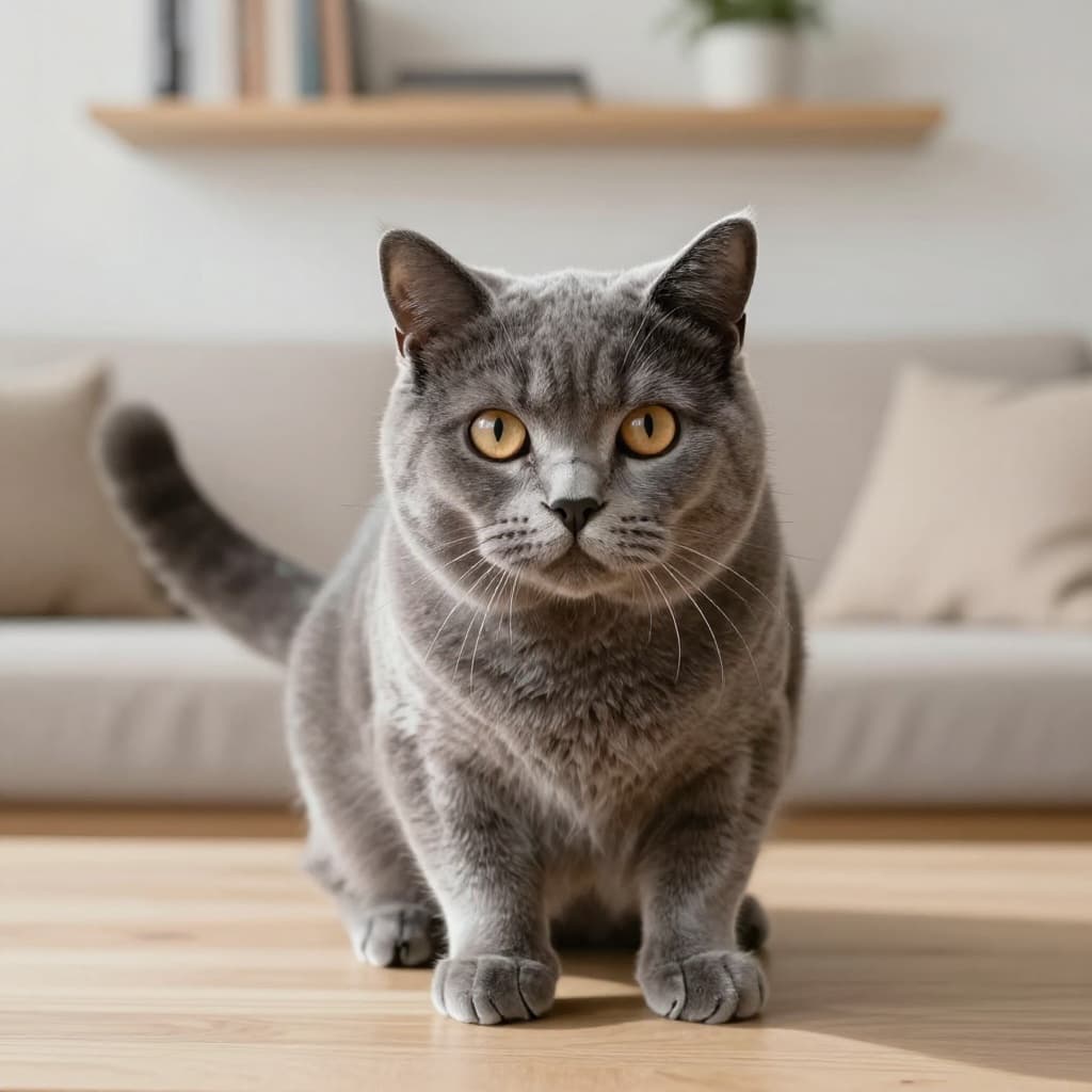 Close-up portrait of a gray shorthair cat in a bright Scandinavian living room showing pre-attack signals: dilated pupils, whipping tail, crouched posture, and intense stare.