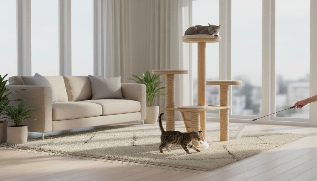 In a bright modern Scandinavian living room with minimalist decor, a sleek gray shorthair cat rests on a high platform of a premium cat tree while a small energetic tabby kitten plays with a feather toy on the wool rug below.