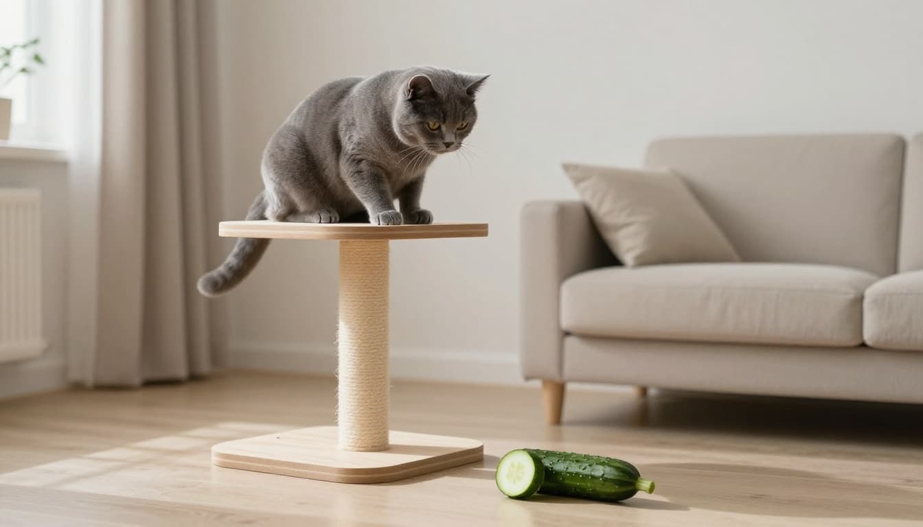 A calm gray shorthair cat on a high platform of a premium wooden cat tree observes a fresh green cucumber slice and zucchini on the floor in a minimalist Scandinavian living room with bright natural light and cozy atmosphere.