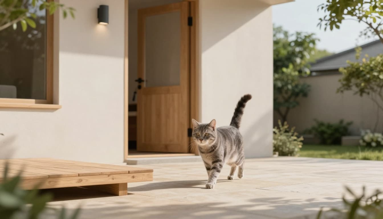 A friendly gray tabby cat walks confidently towards the front door of a modern Scandinavian-style house in a minimalist garden, with bright natural light and warm shadows.