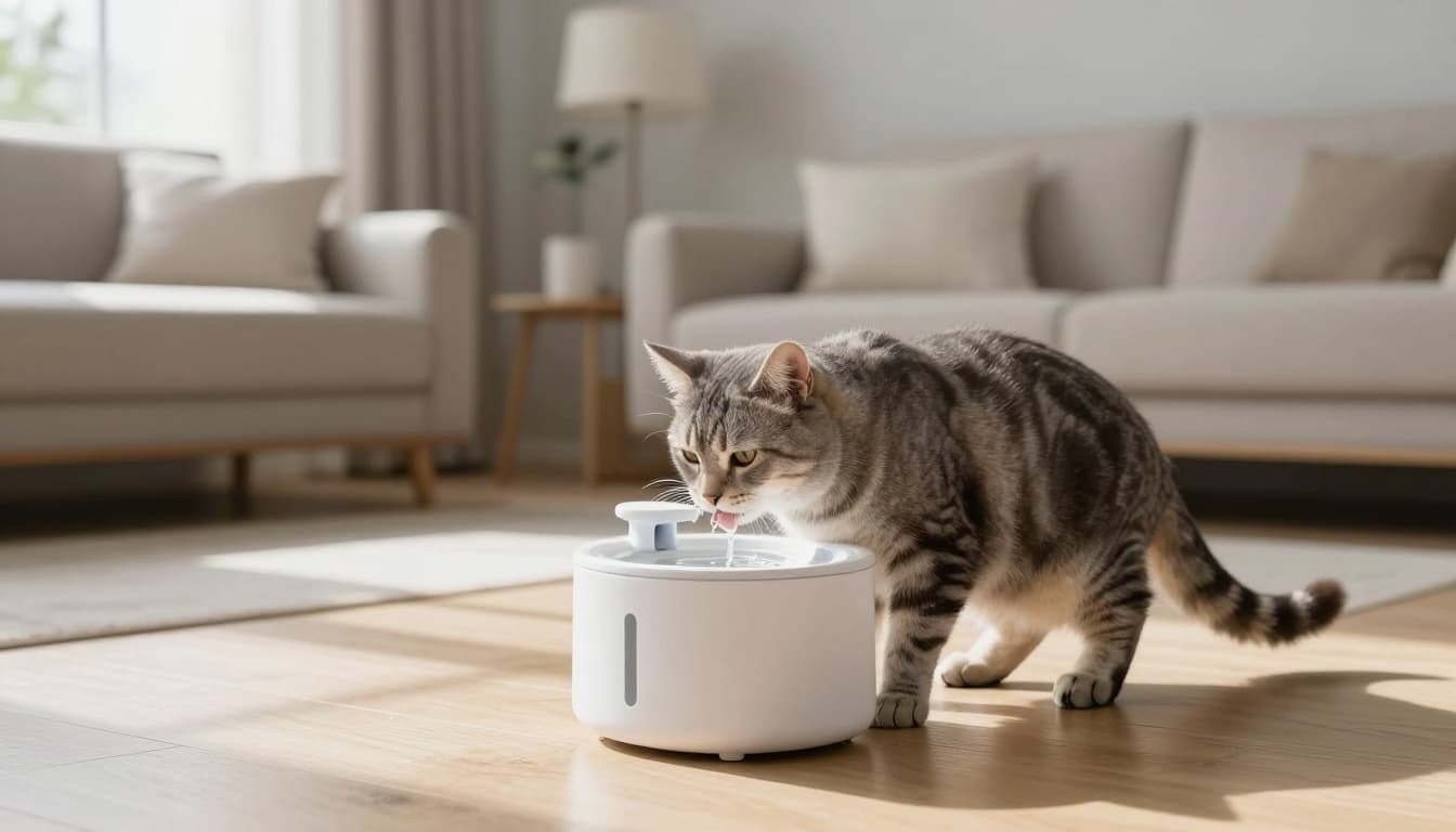 An elegant gray tabby cat drinks fresh running water from a modern cat water fountain on a light wood floor in a bright minimalist Scandinavian living room with natural sunlight.