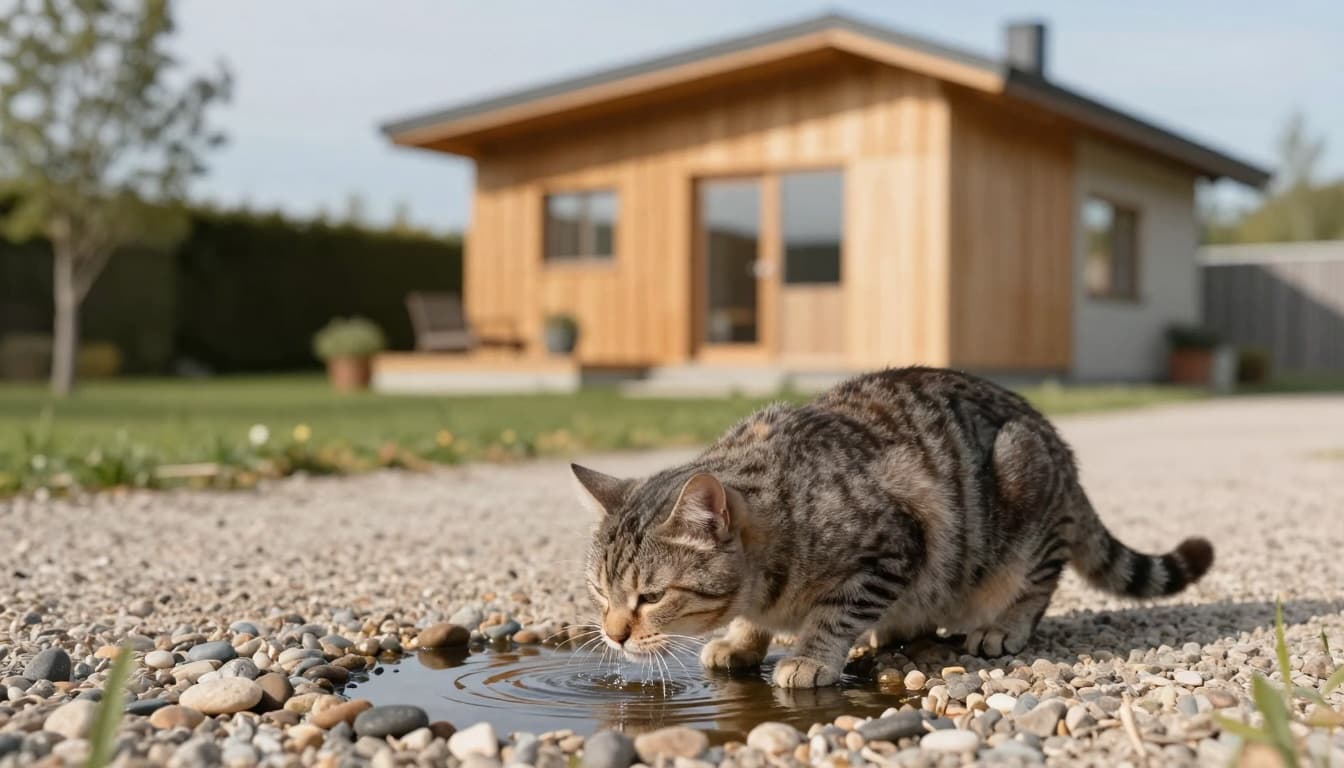 A gray tabby cat cautiously drinks from a small puddle next to a modern Scandinavian-style house in a minimalist garden with natural light filtering through trees.