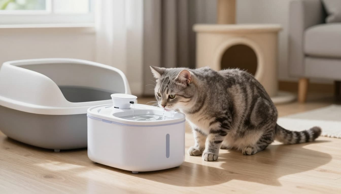 An elegant gray tabby cat drinks fresh water from a modern cat water fountain near a clean litter box in a bright, minimalist Scandinavian living room with natural light and a premium cat tree.