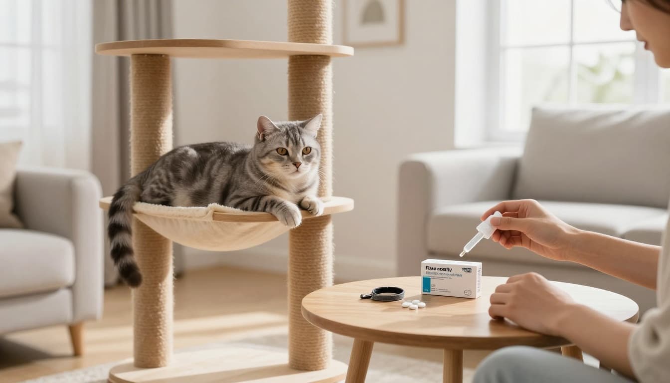 A relaxed elegant gray tabby cat lounges on a premium wooden cat tree in a bright Scandinavian minimalist living room, while nearby a caring owner examines flea treatment options: pipette, collar, and tablet.