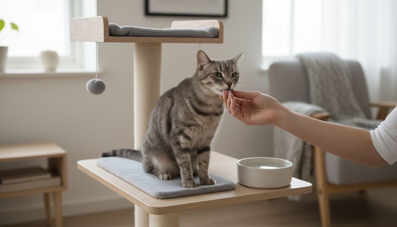In a cozy Scandinavian living room with natural light, a gentle human hand lifts the lip of a calm adult gray tabby cat on a wooden cat tree perch to inspect pale yellowish gums, with a full water bowl nearby.