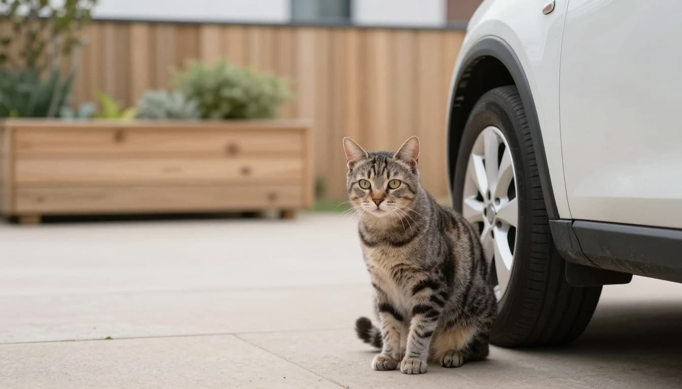 A gray tabby cat hides cautiously under a parked car in the driveway of a modern Scandinavian-style house, surrounded by a minimalist garden with soft morning light.