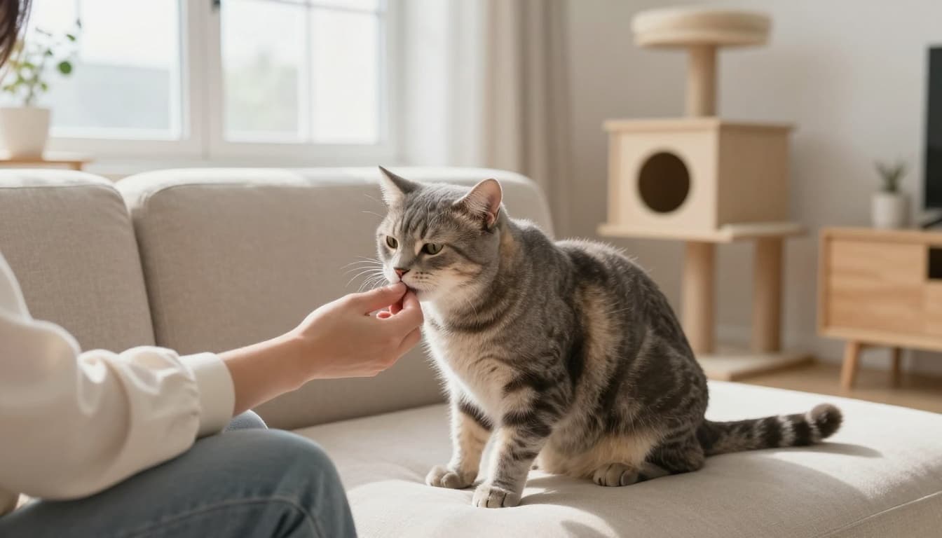 A beautiful gray tabby cat affectionately licks the hand of a person sitting on a beige sofa in a bright Scandinavian living room with natural light and minimalist decor.