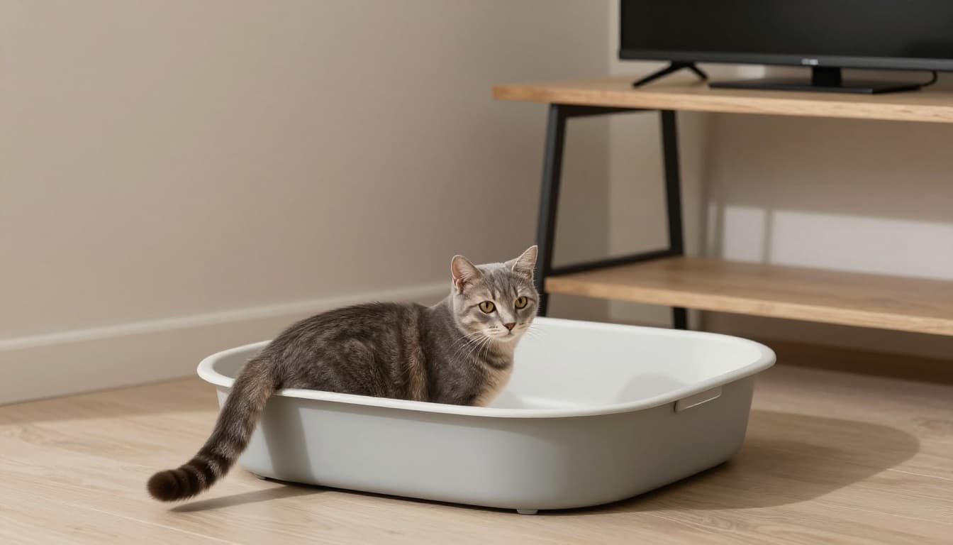 In a bright Scandinavian living room with soft natural light, a clean and spacious litter box sits in a quiet corner away from food and noise, as a gray tabby cat calmly approaches it amid minimalist neutral tones.