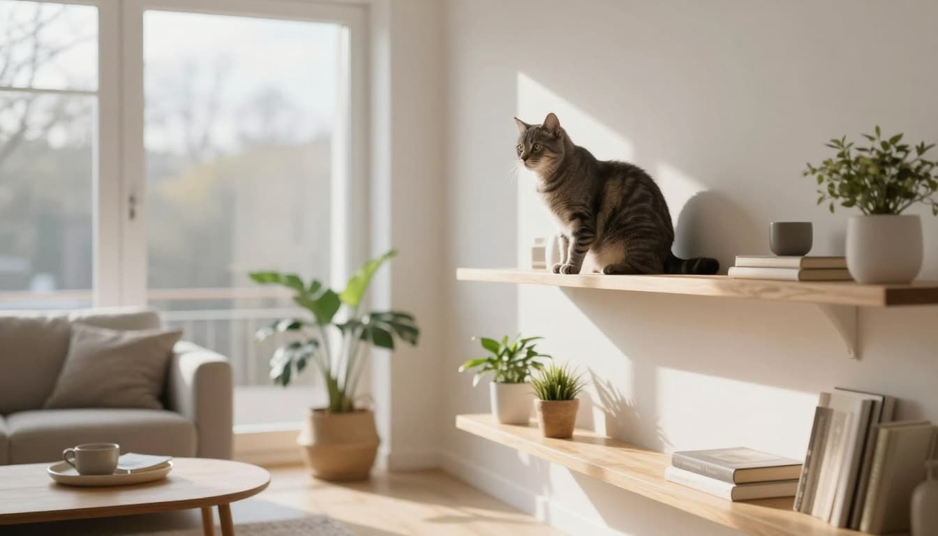 A sleek gray tabby cat perches confidently on a high wooden wall shelf in a bright Scandinavian apartment living room, bathed in natural light with minimalist decor, plants, and books below.
